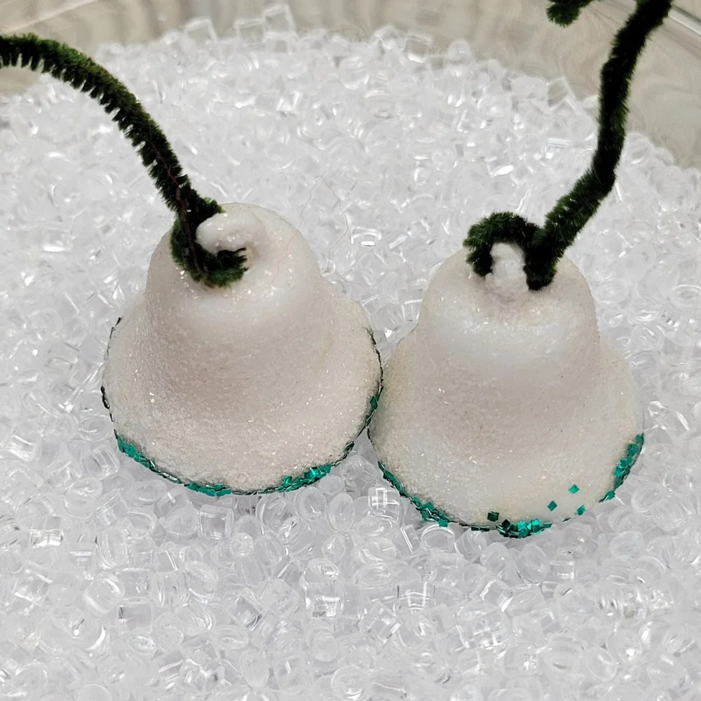 2 Green Glitter Sugar White Bells Insert Pipe Cleaner‎ Christmas Tree Ornament